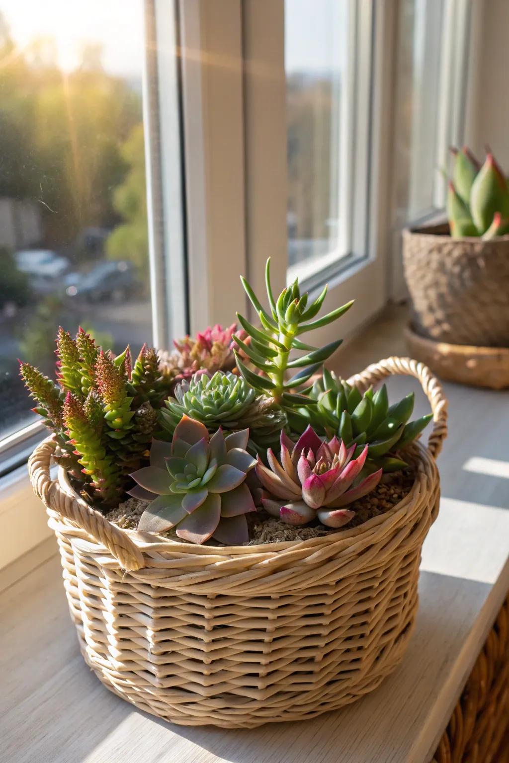 A basket of resilient plants delivers a hint of greenery and appeal to any setting.