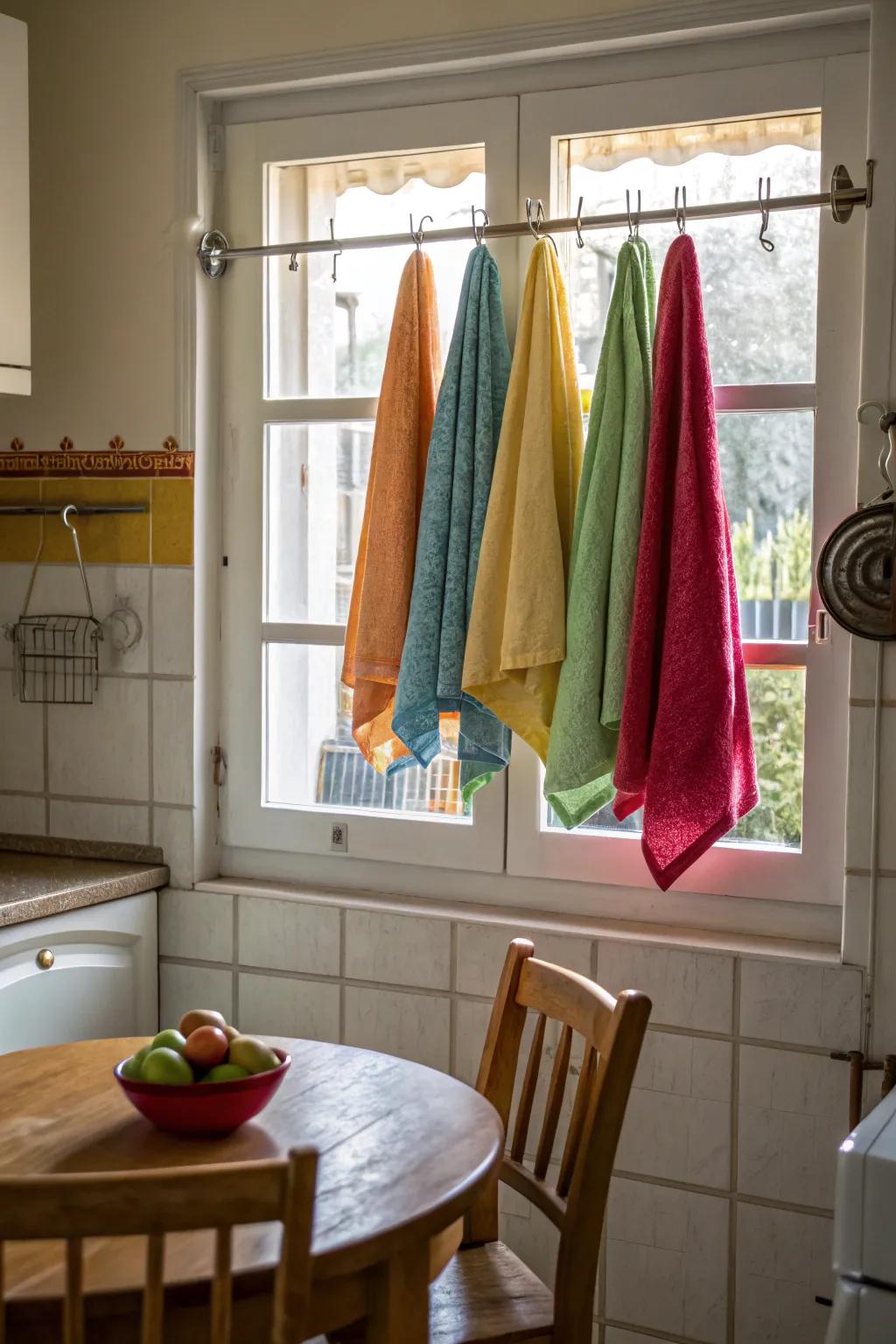 Suspend linens above the window for a sunny and ornamental accent.