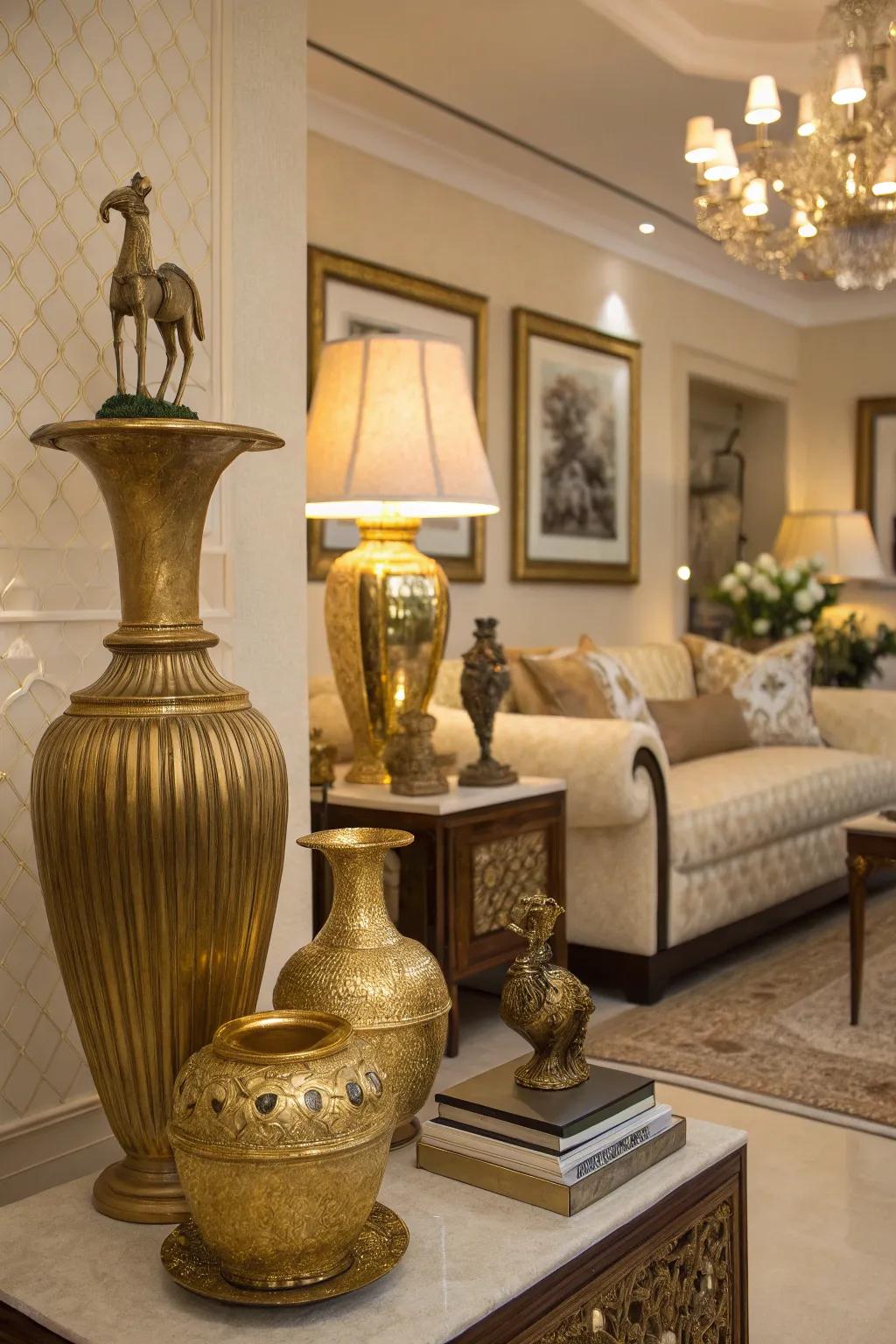 Gilded vases and sculptures present texture and personality.