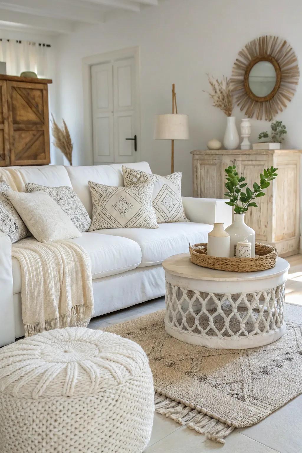 Layering shades of white produces a sophisticated monochromatic design.
