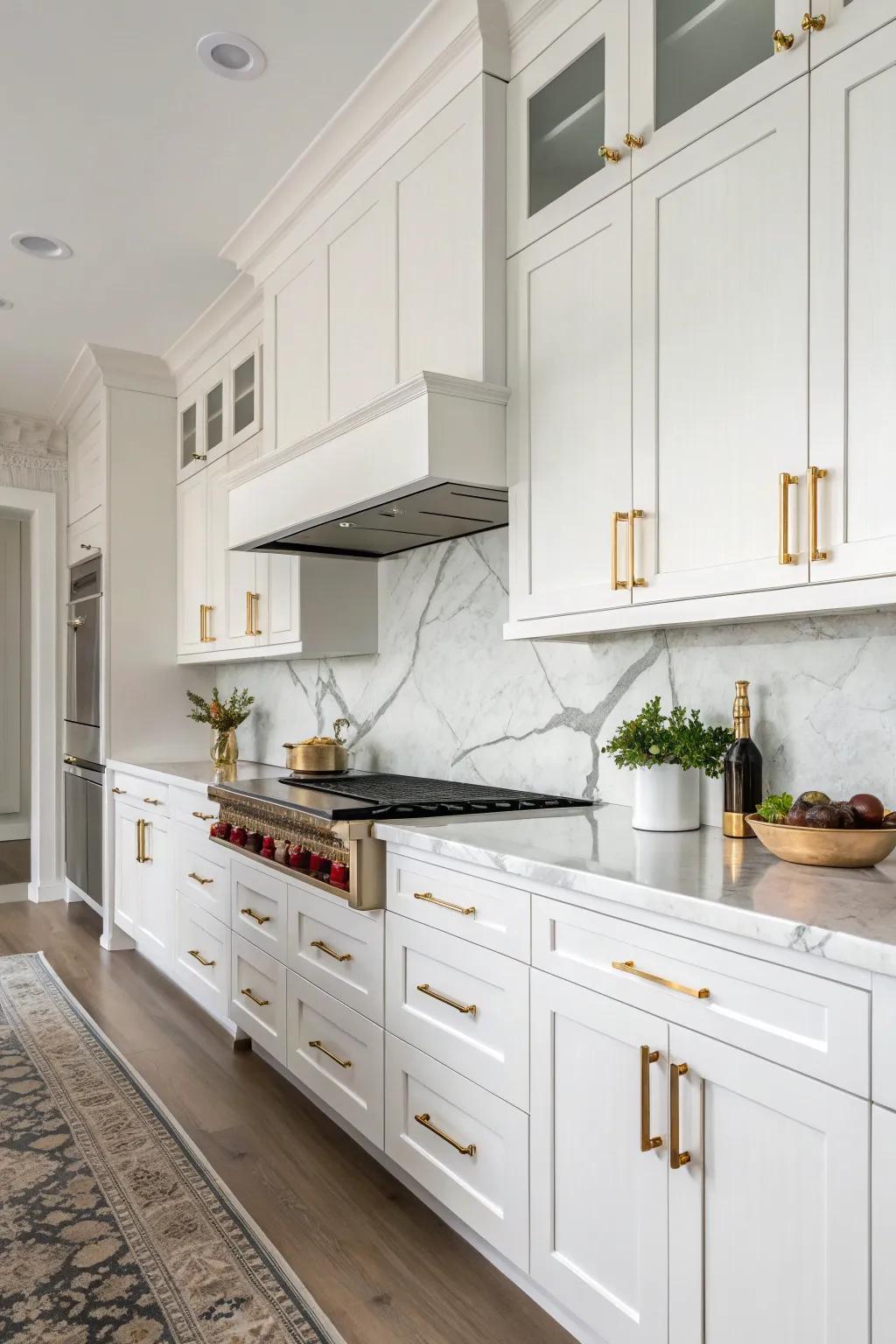 The addition of contrasting hardware enhances the kitchen's style.