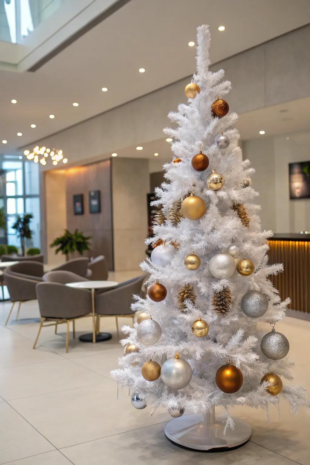 A contemporary metallics-themed white pencil tree with mixed metal decorations.