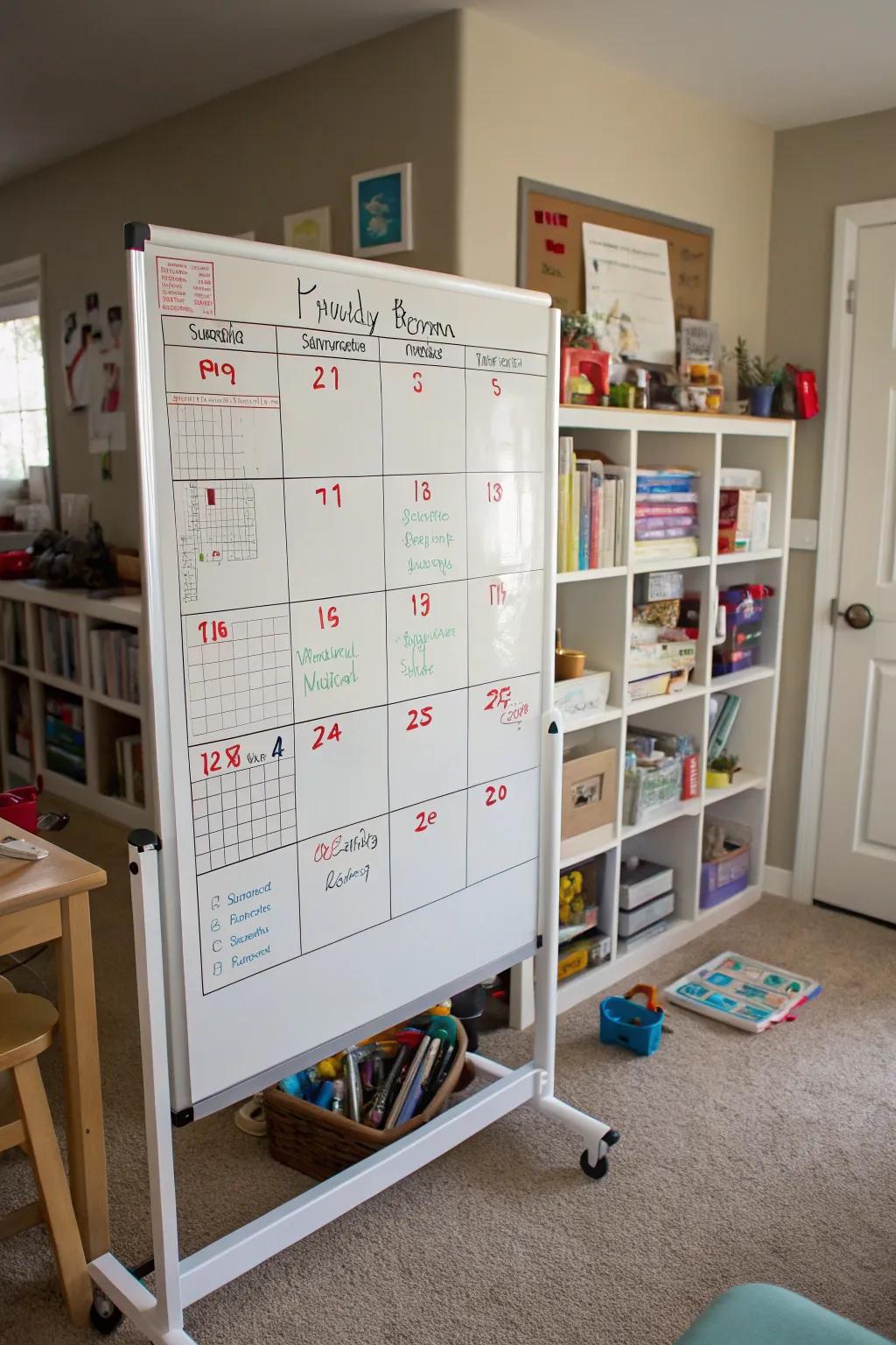 A schedule on the whiteboard helps keep the family organized.