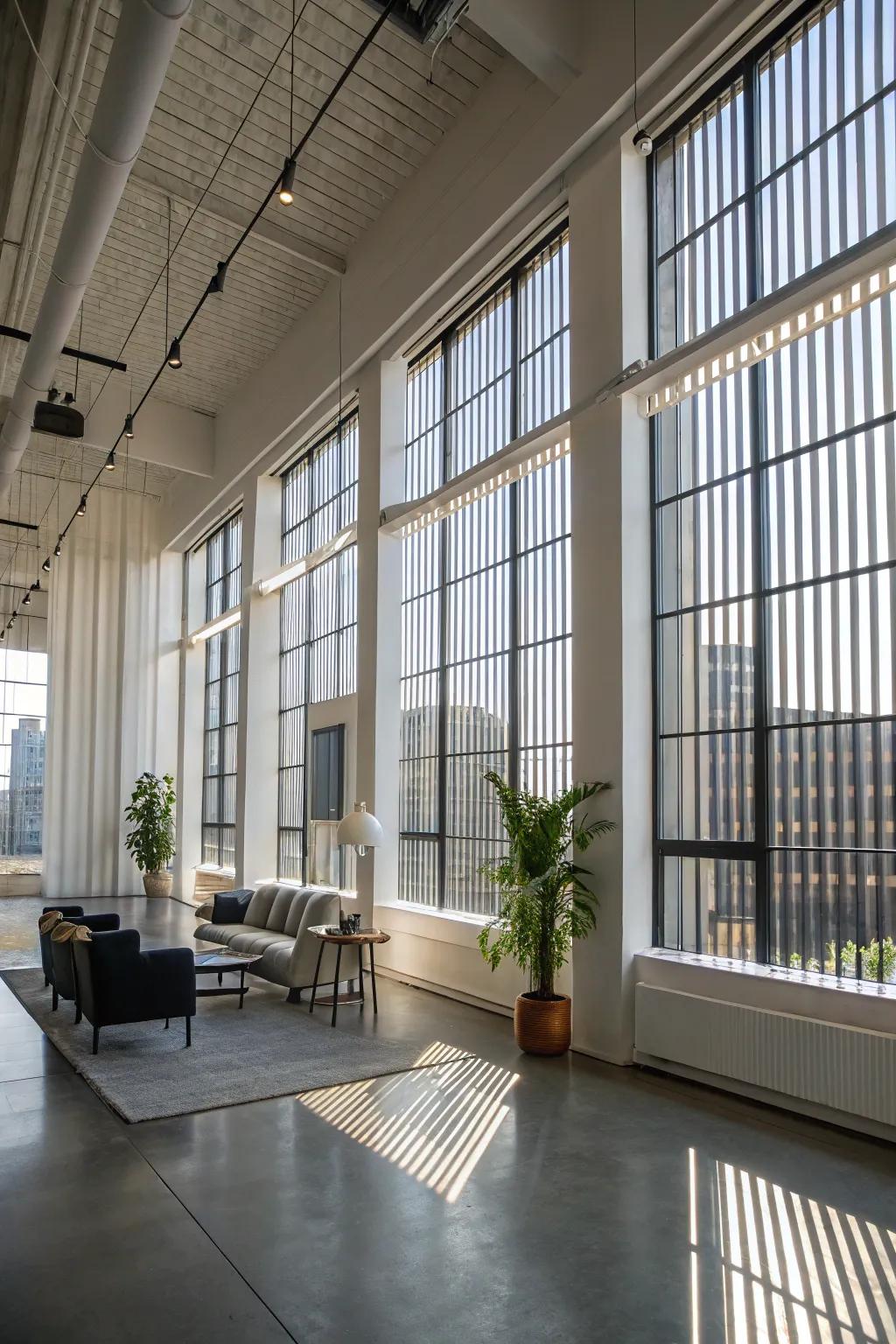 The modern aesthetic of a loft is enhanced by vertical blinds.
