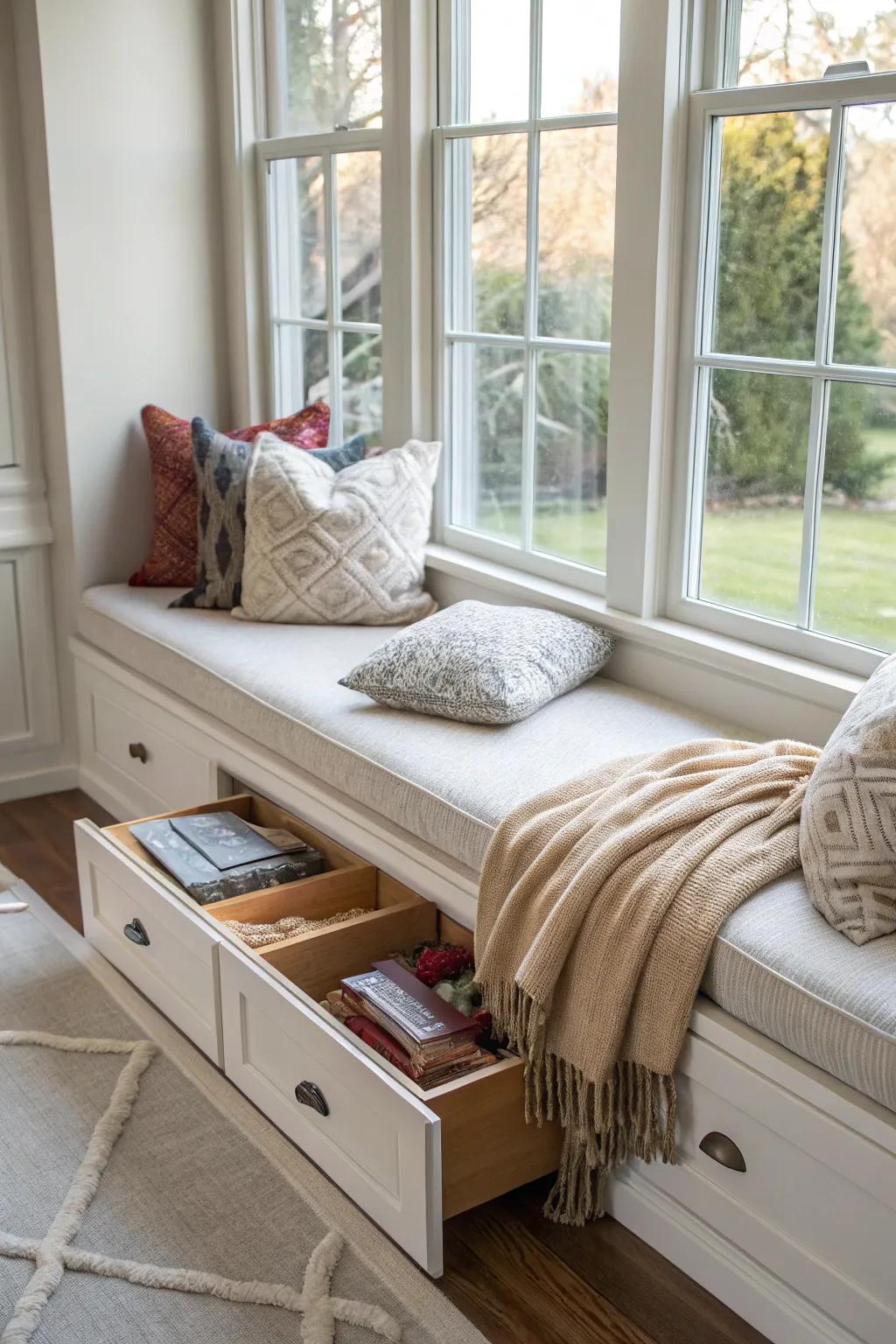 A window seat with hidden drawers to keep the area neat.