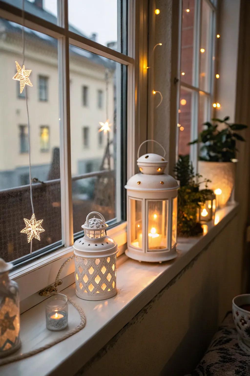 Whimsical lanterns establish a magical ambiance across this window sill.