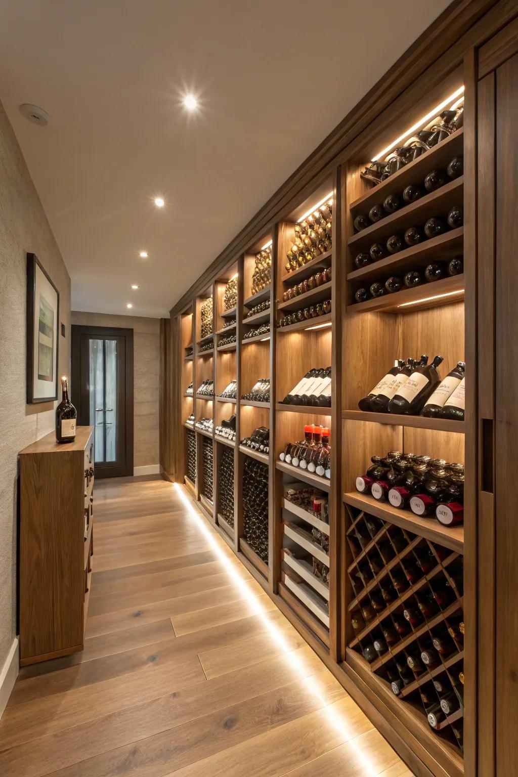 Magical touch added to the wine room with hidden lights in cabinets.