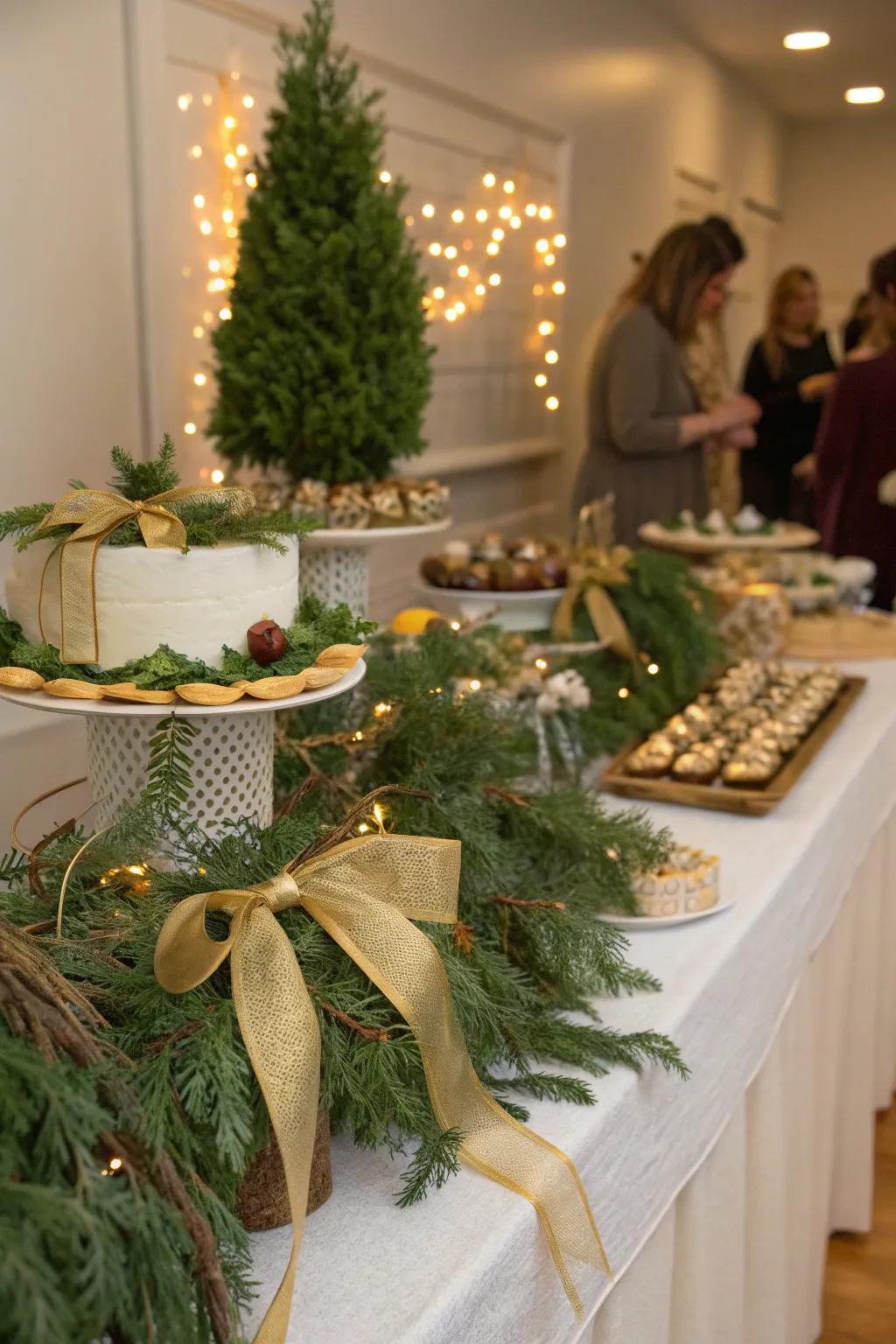 A natural baby shower with a theme of winter foliage and gold.