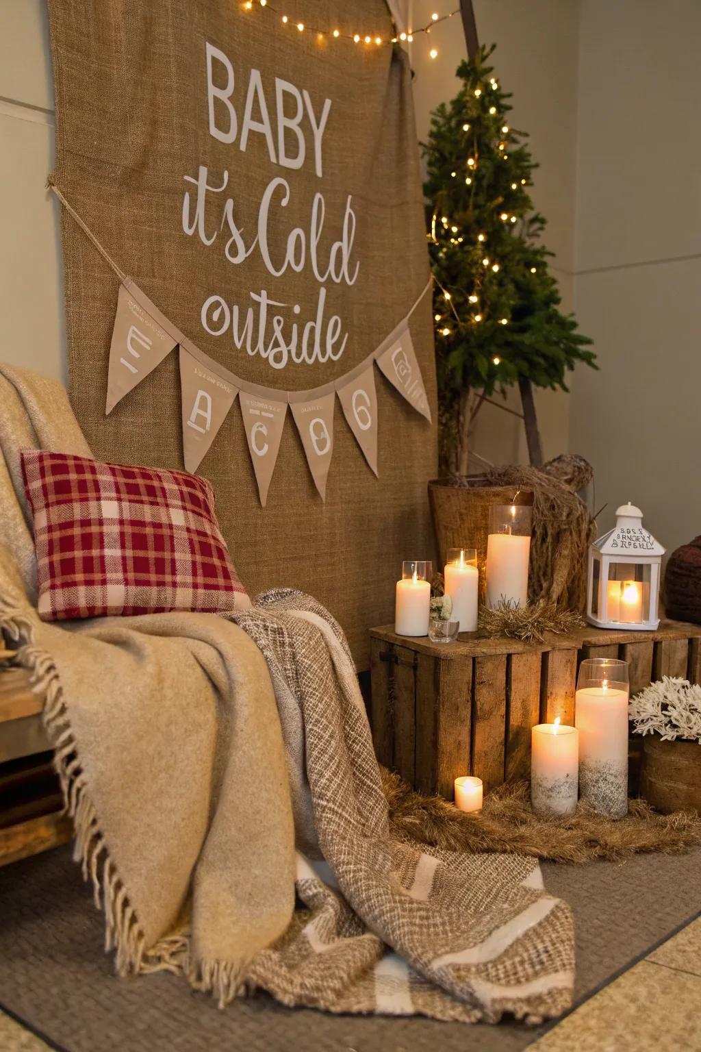 A cozy Newborn, It's Chilly Outside theme featuring rustic coarse cloth decorations.