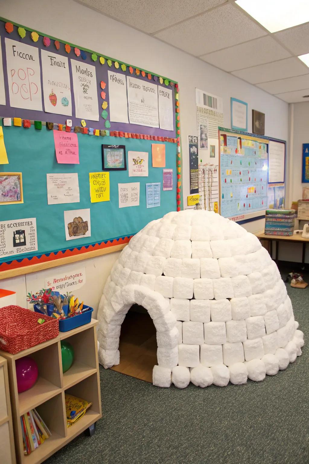 An ice home backdrop sets the stage for winter ventures.