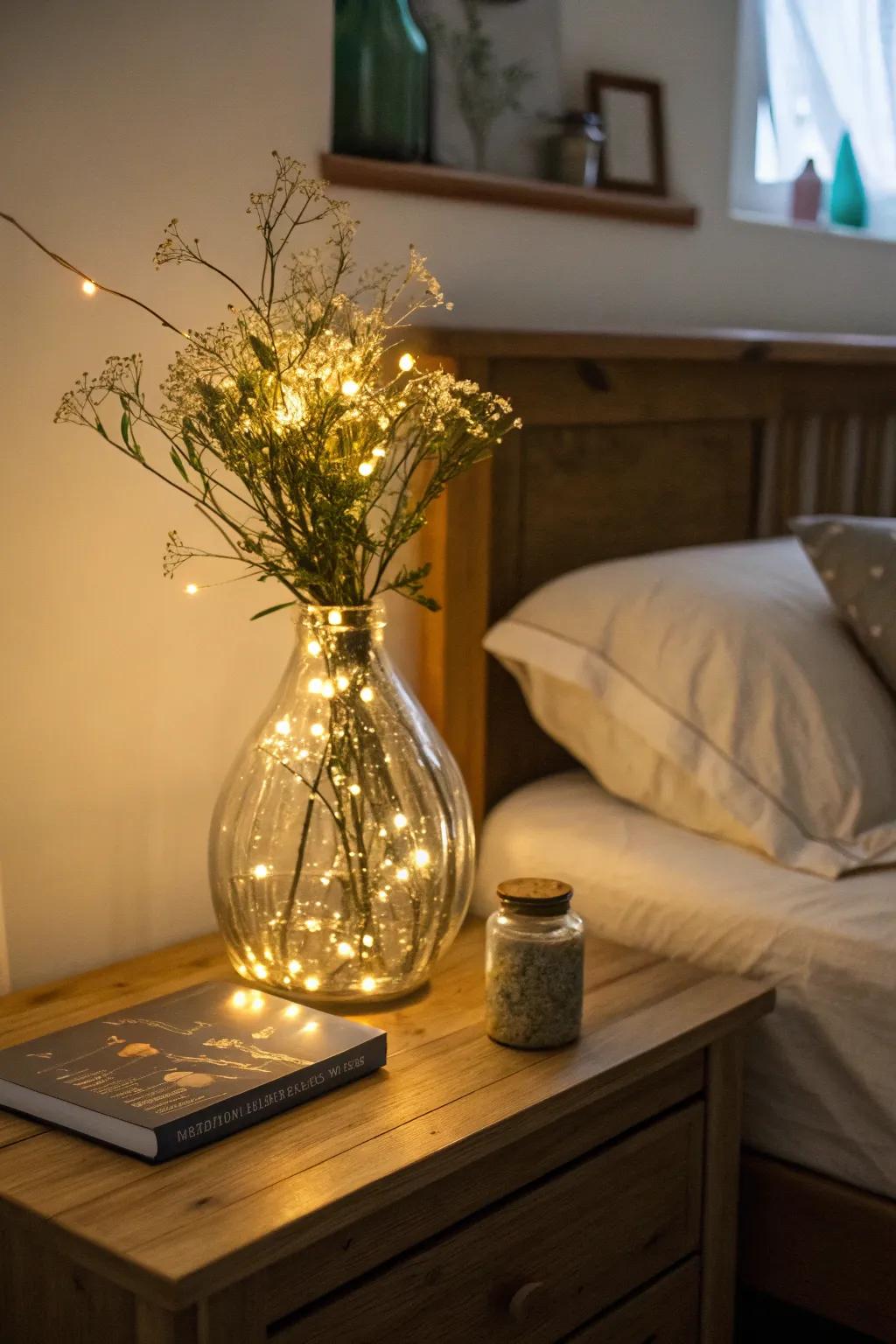 Miniature lights in a vase craft a magical and snug atmosphere.