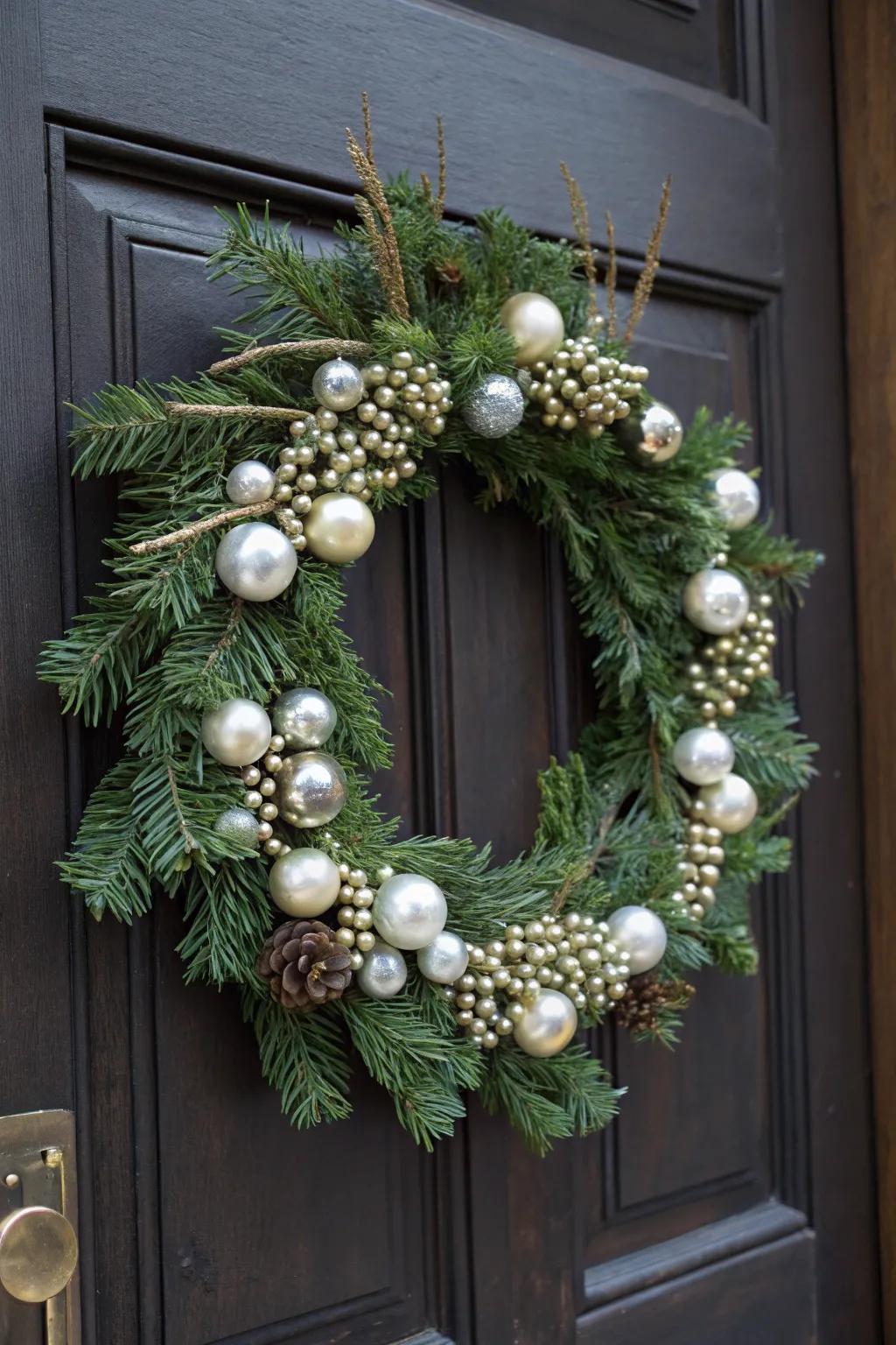 Pearls and conifer sprigs introduce sophistication and shimmer to this arrangement.