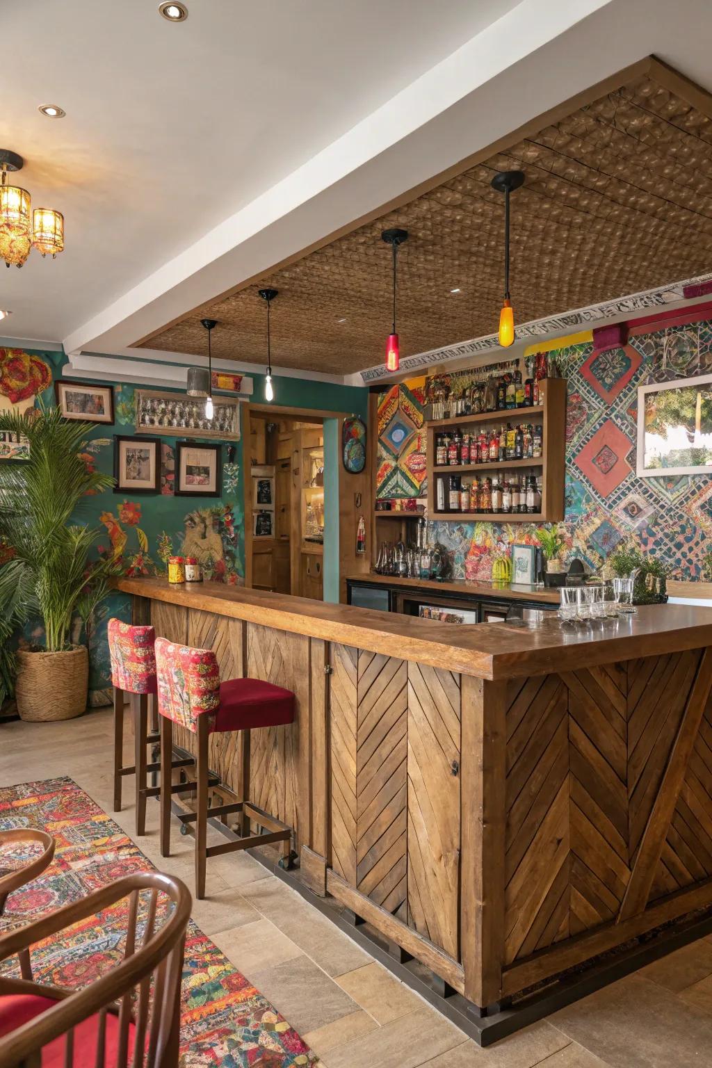 An eclectic bar setup featuring a playful mix of styles.