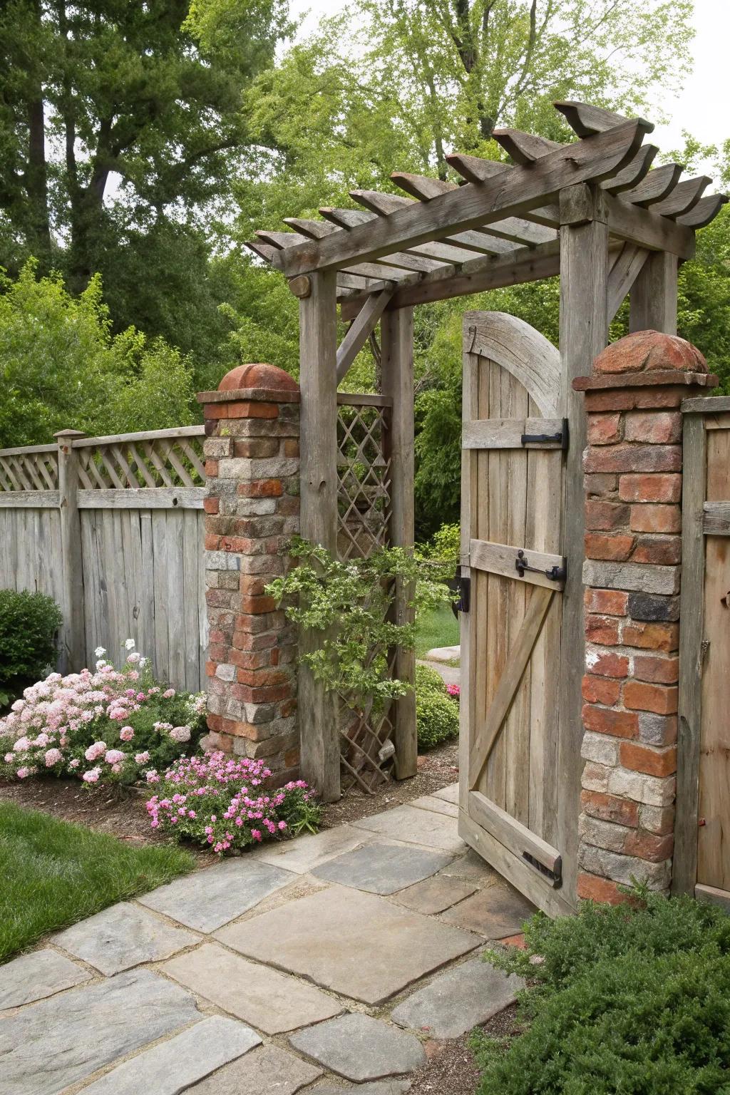Arbor gates with combined resources create appealing garden entrances.