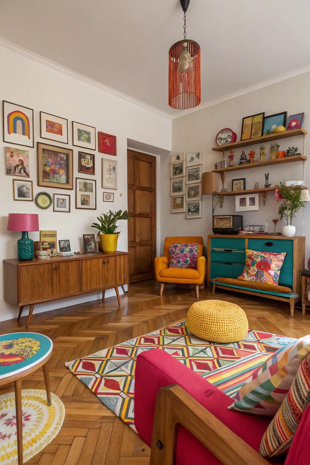 Eclectic space showcasing playful assorted timber tone flooring.