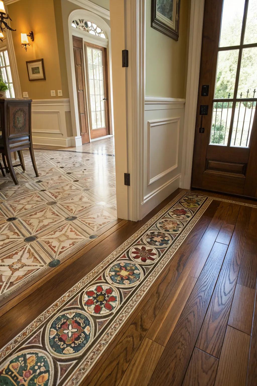 An elegant entryway showcasing a tiled area transitioning to wooden flooring.