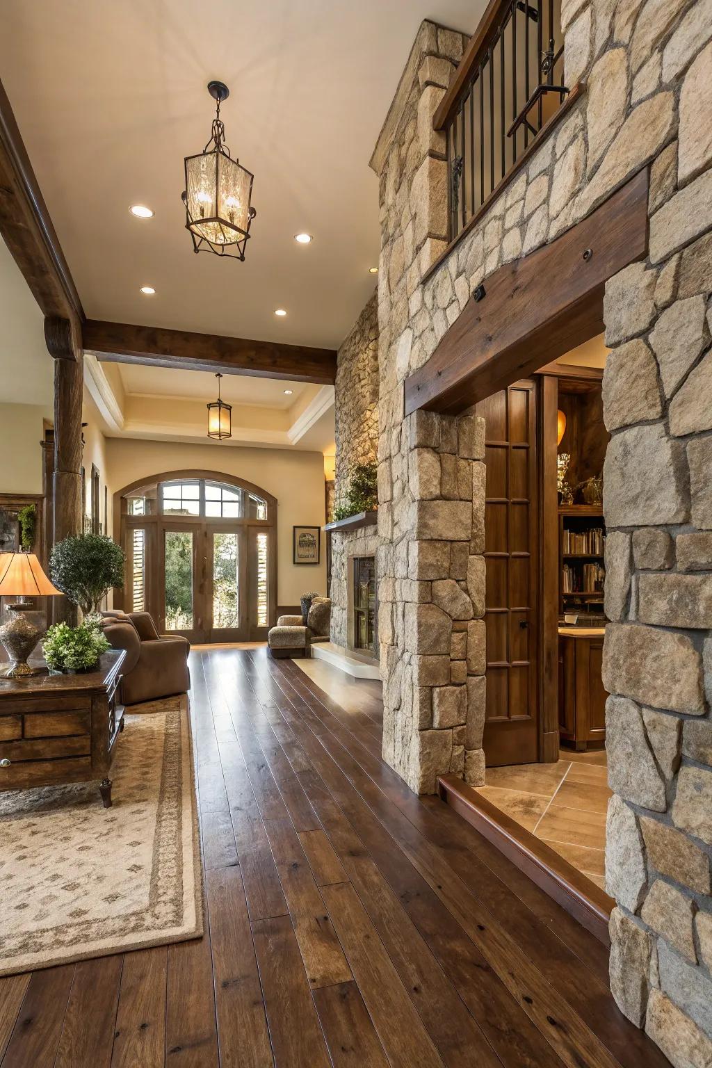 Organic stone highlights in floor shifts proffer opulence and resilience.