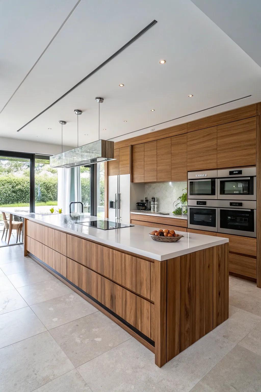 Timber cladding on culinary islands enriches texture and aesthetic.