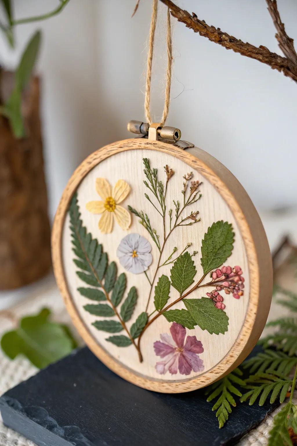 Flora imprints bring nature's elegance to wooden ornaments.