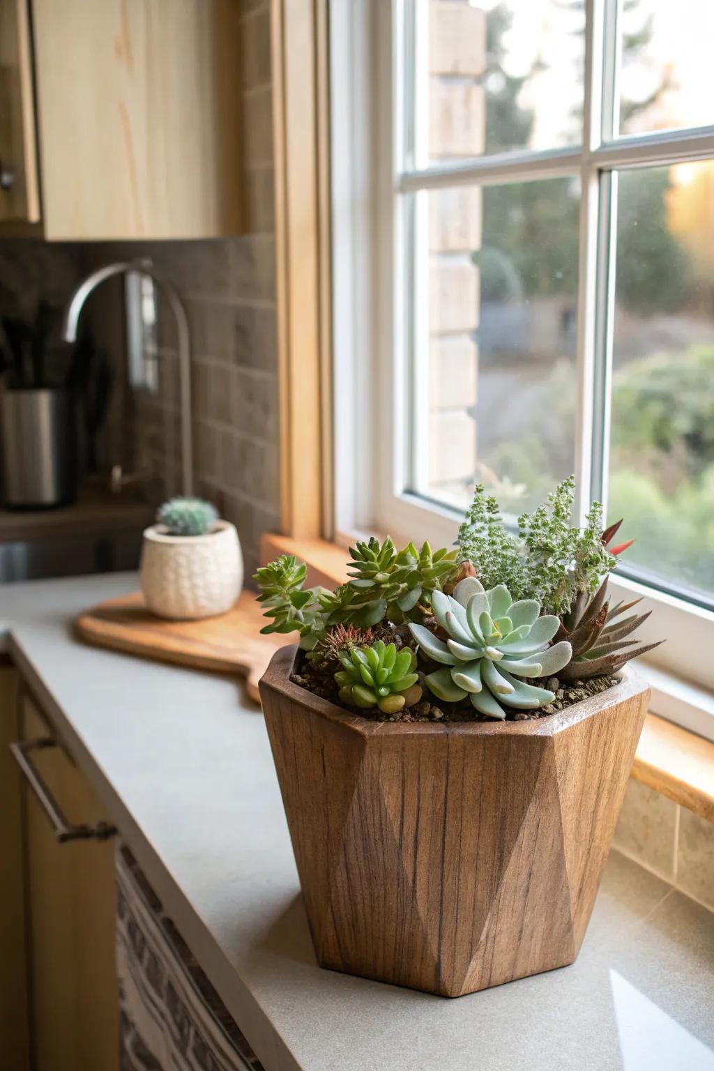 Delight in low-maintenance charm with succulent-filled wooden vases.