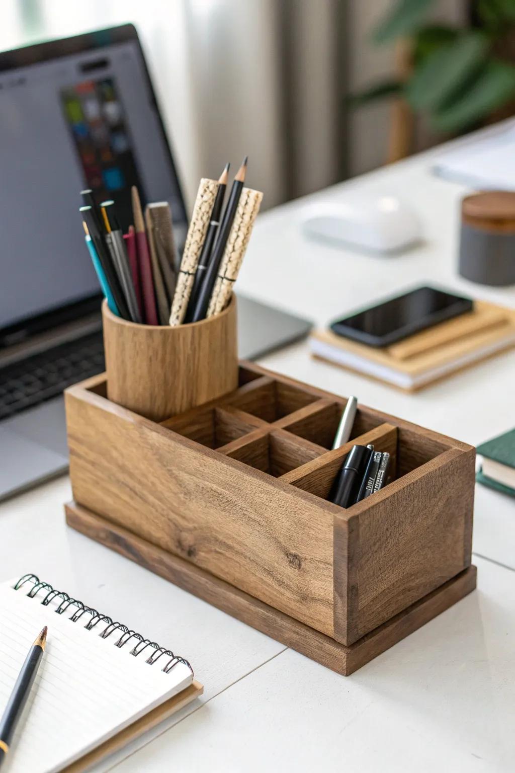 A timber pen holder bringing sophistication to workspace organization.