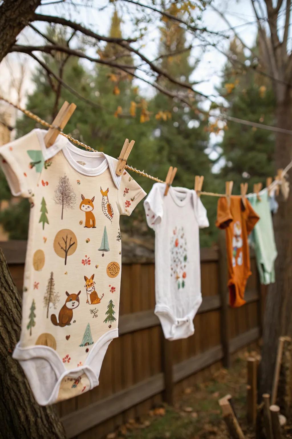 Forest-themed onesies on a clothesline add a delightful touch.