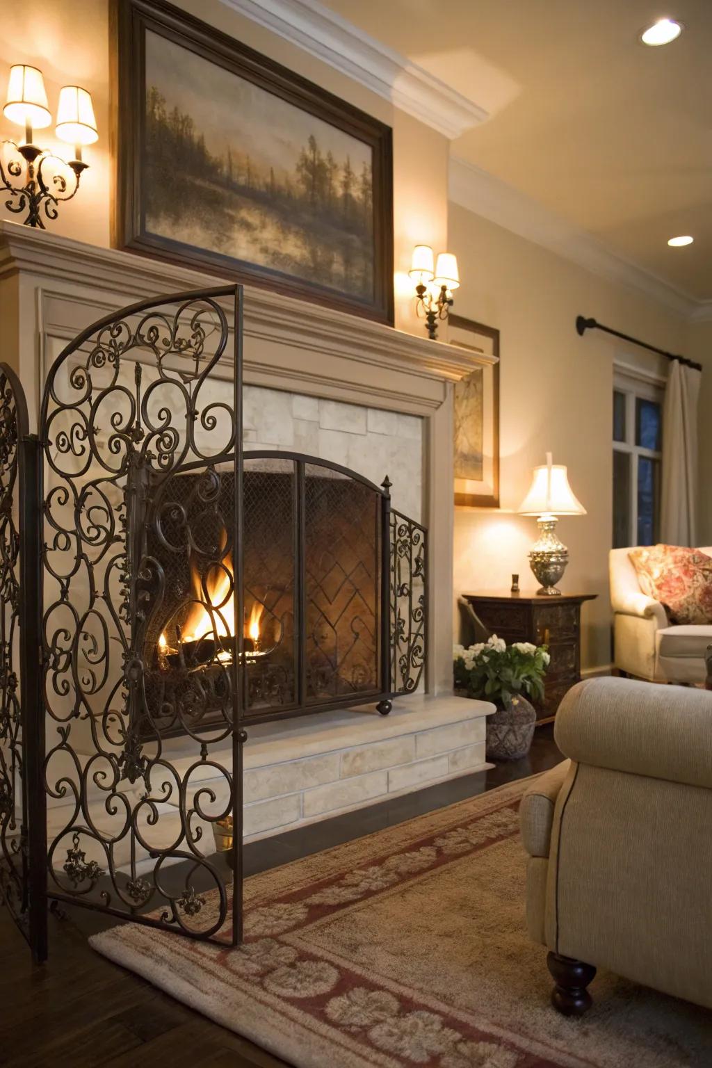 An iron guard adds elegance to the hearth.