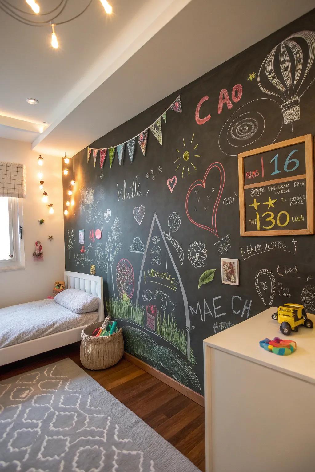 A chalkboard wall offers countless opportunities for creativity and fun.