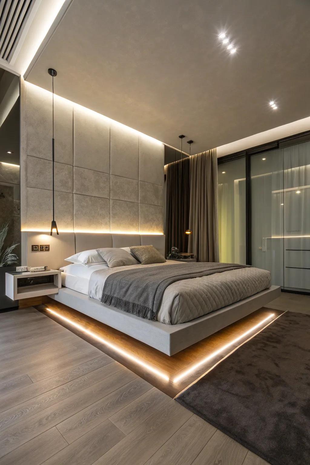 A levitating bed featuring underlighting establishes a chic, modern look.