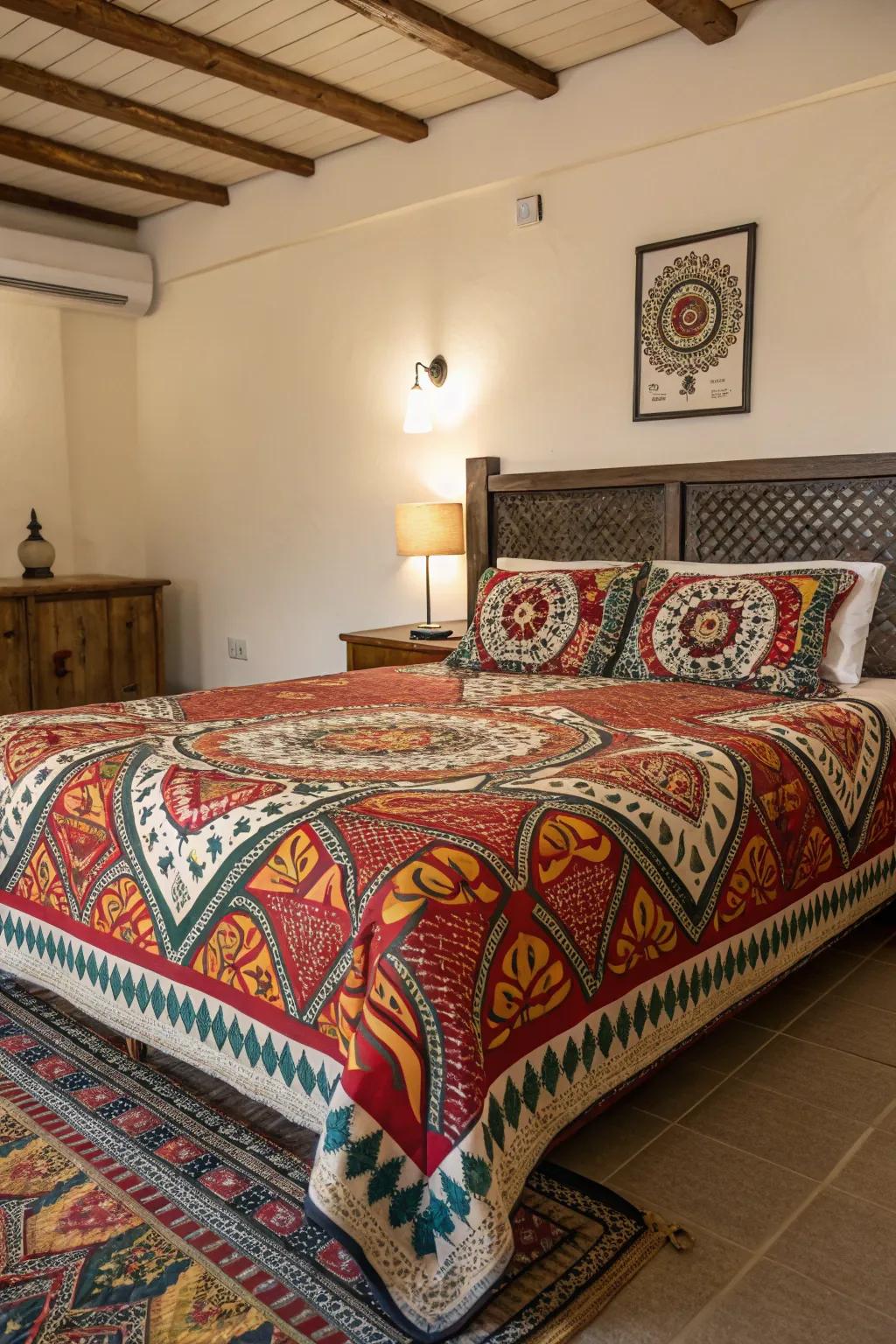Statement bedding adds personality and flair to the room.