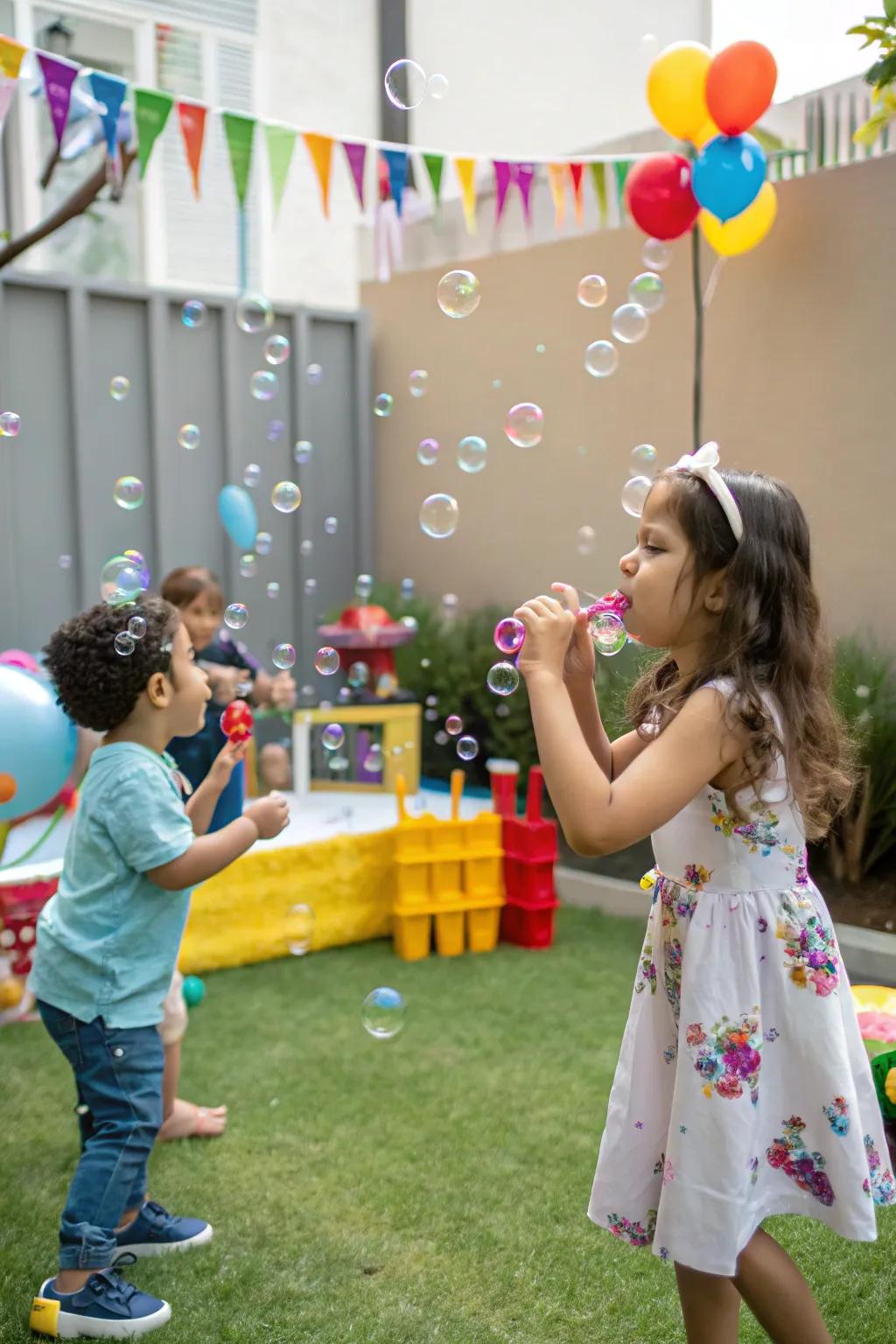 A bubble station fills a child's birthday celebration with enchantment and cheer.