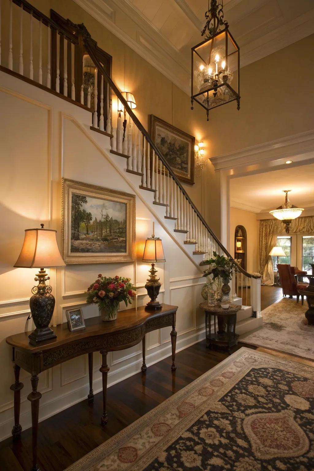 Layered lighting enriches the foyer's depth and ambiance.