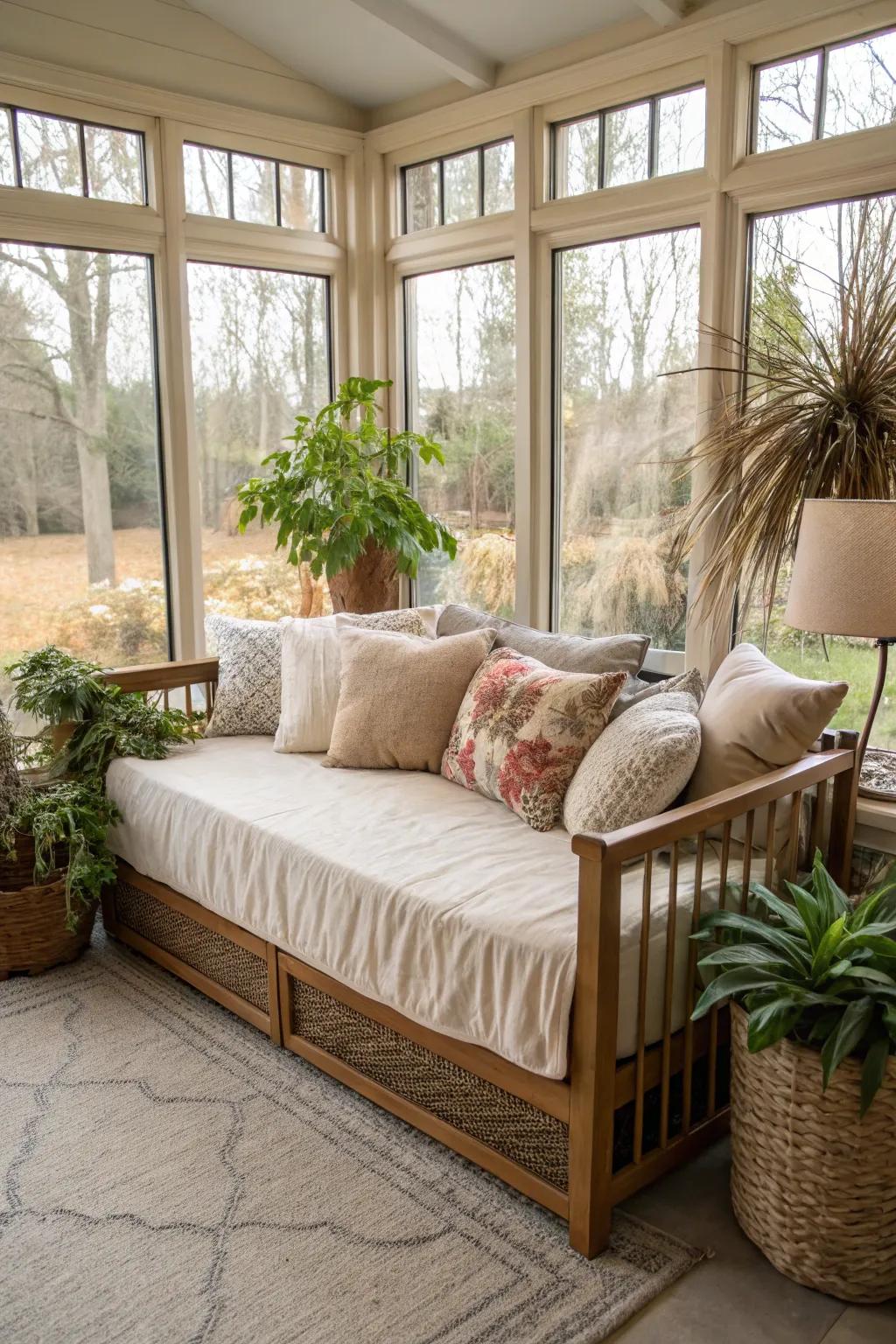 A daybed is ideal for unwinding or reading.