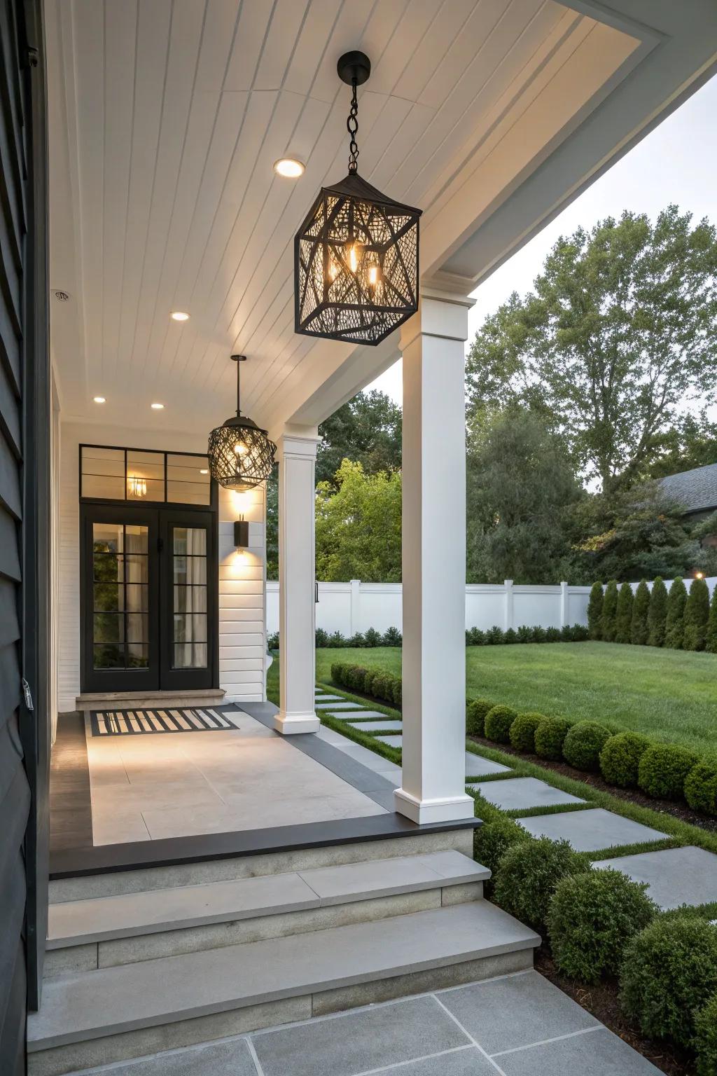 Statement lighting infuses personality into a contemporary porch.