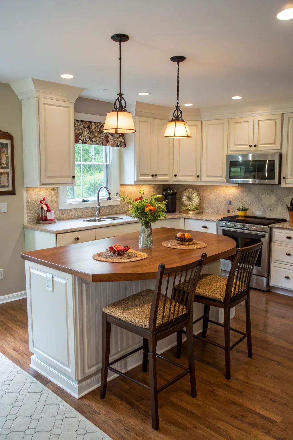 A morning eating area adds charm and practicality to the island.