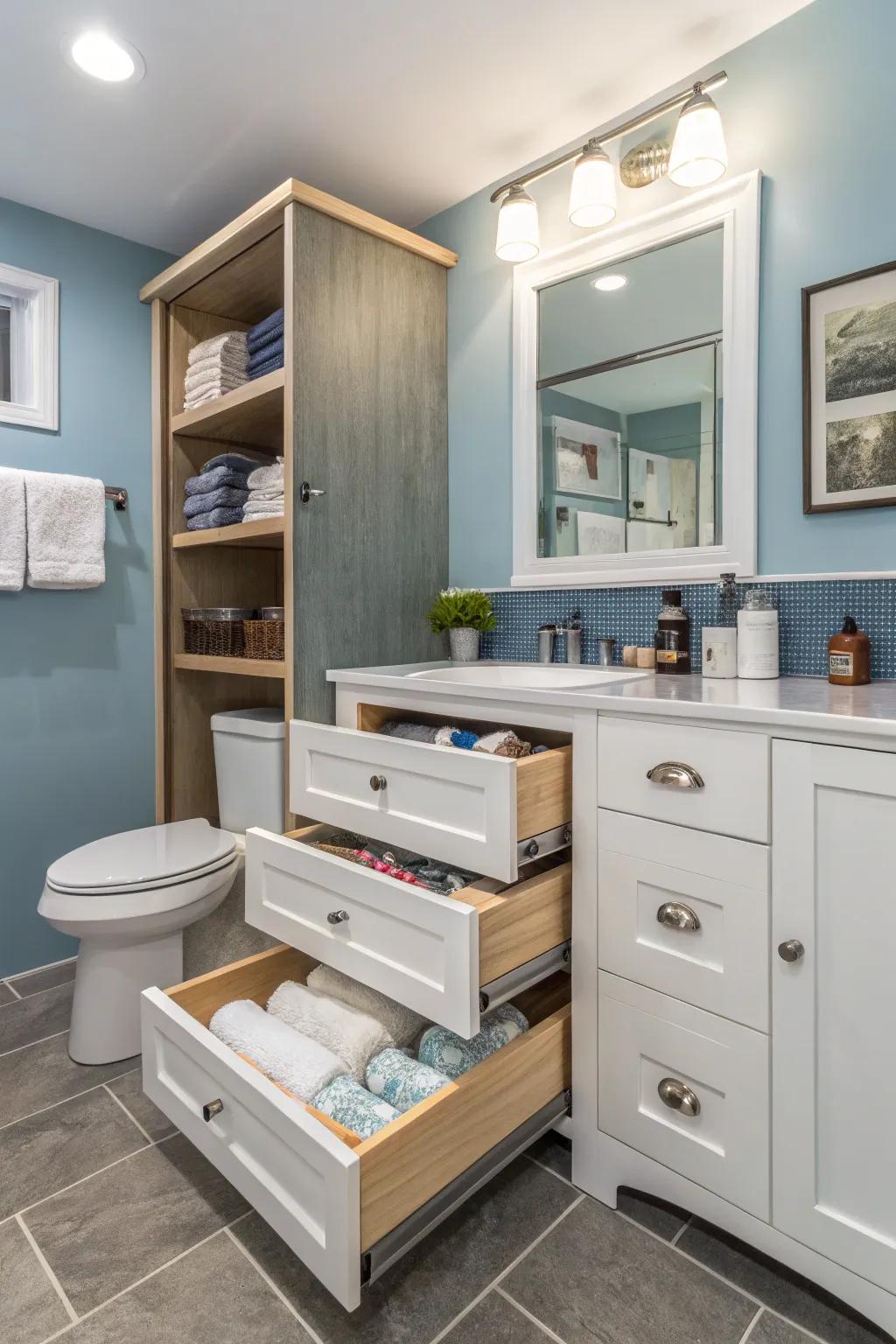 Innovative storage maintains your lavatory orderly and free of clutter.