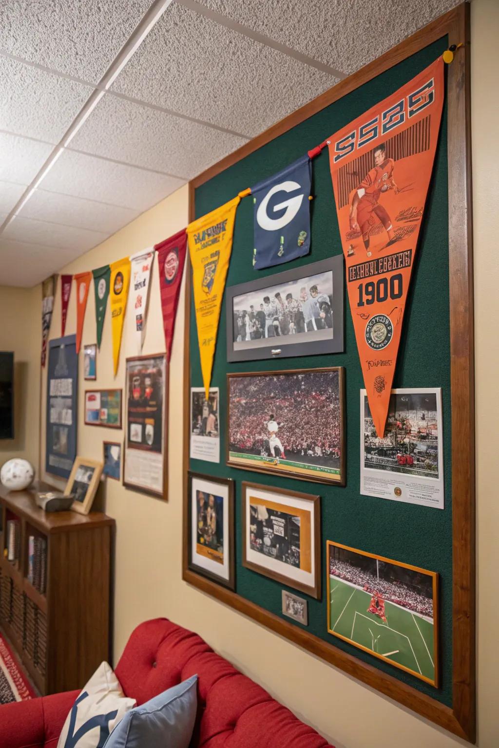 80s sports memorabilia on a board in a sports-themed room.