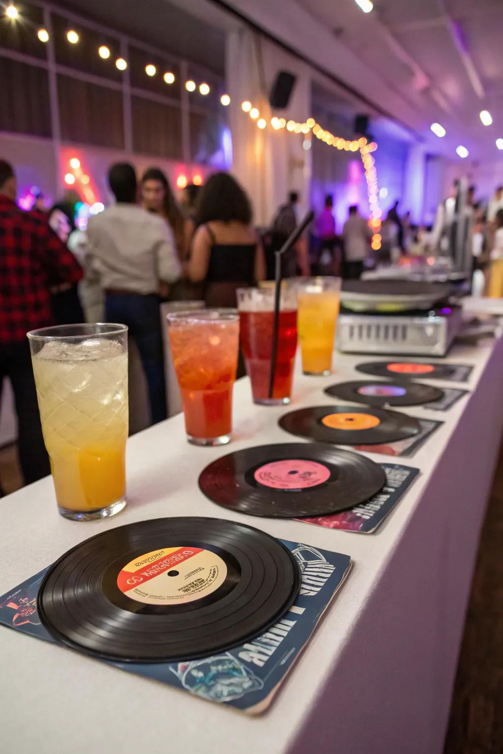 Vinyl record coasters give a personal, nostalgic style to your event.
