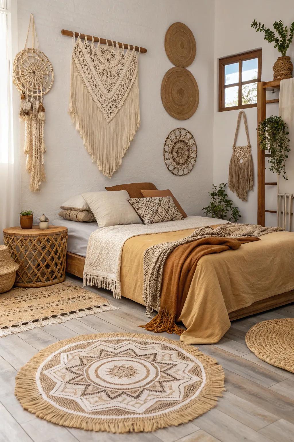 Boho-inspired textiles add warmth and a carefree vibe to the room.