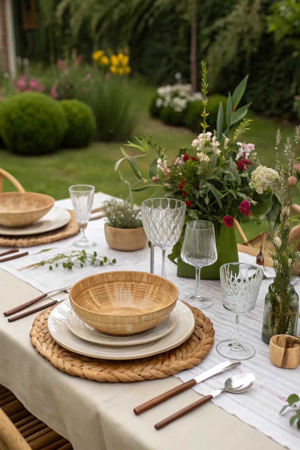Eco-friendly tableware enriches a sustainable garden gathering.