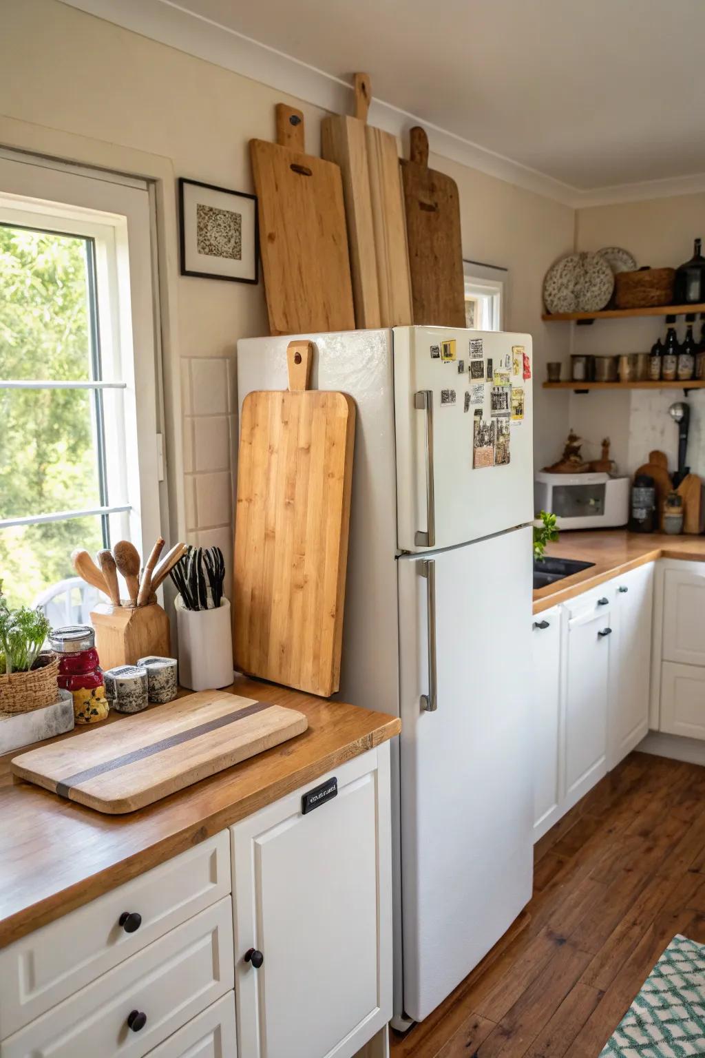 Upright storage keeps cutting boards arranged and accessible.