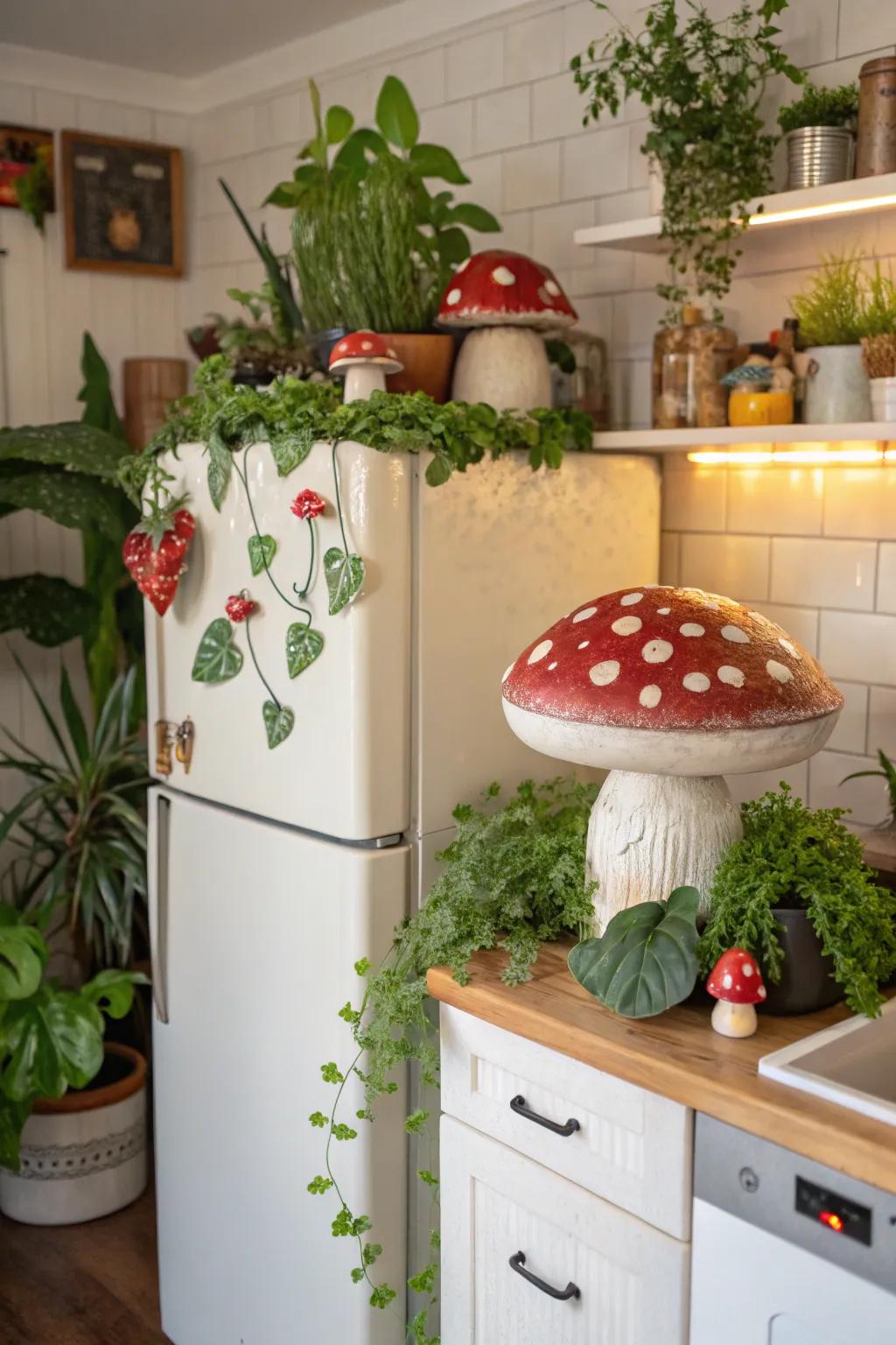 Establish a quaint garden above your fridge for a magical touch.
