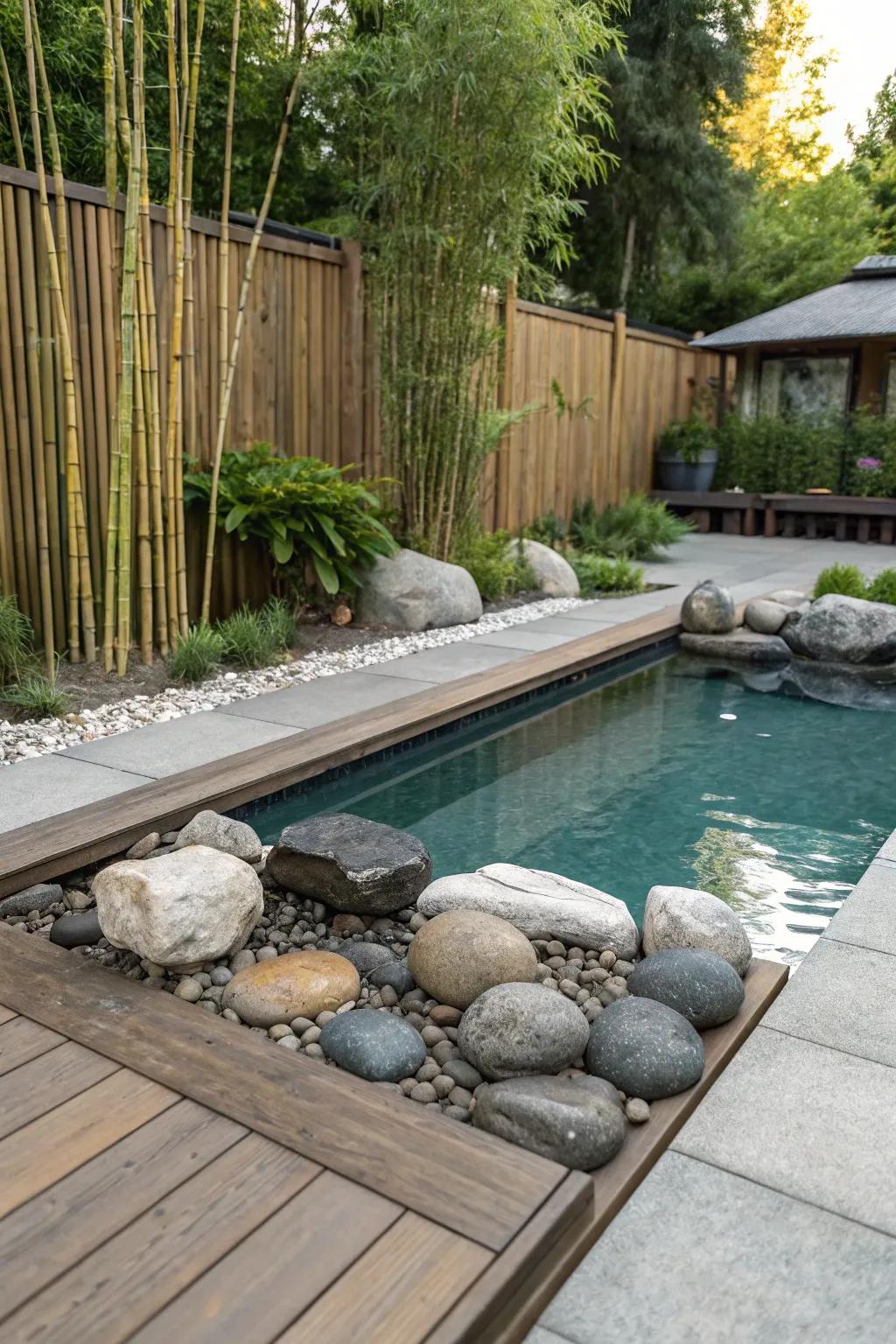Design a tranquil retreat with a Zen garden-inspired pool deck.