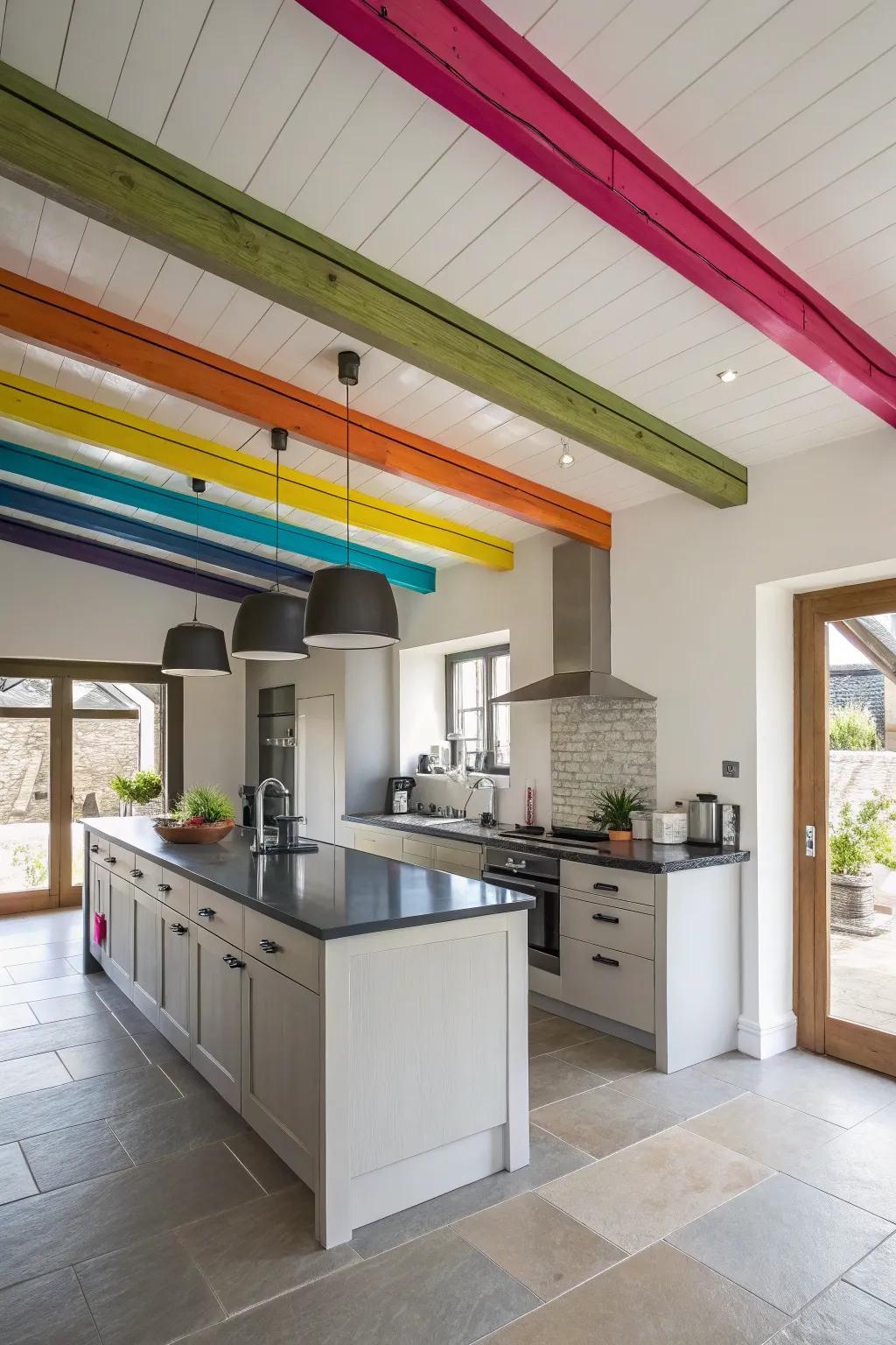 Colored struts bring vibrant contrast to this chic cooking area.