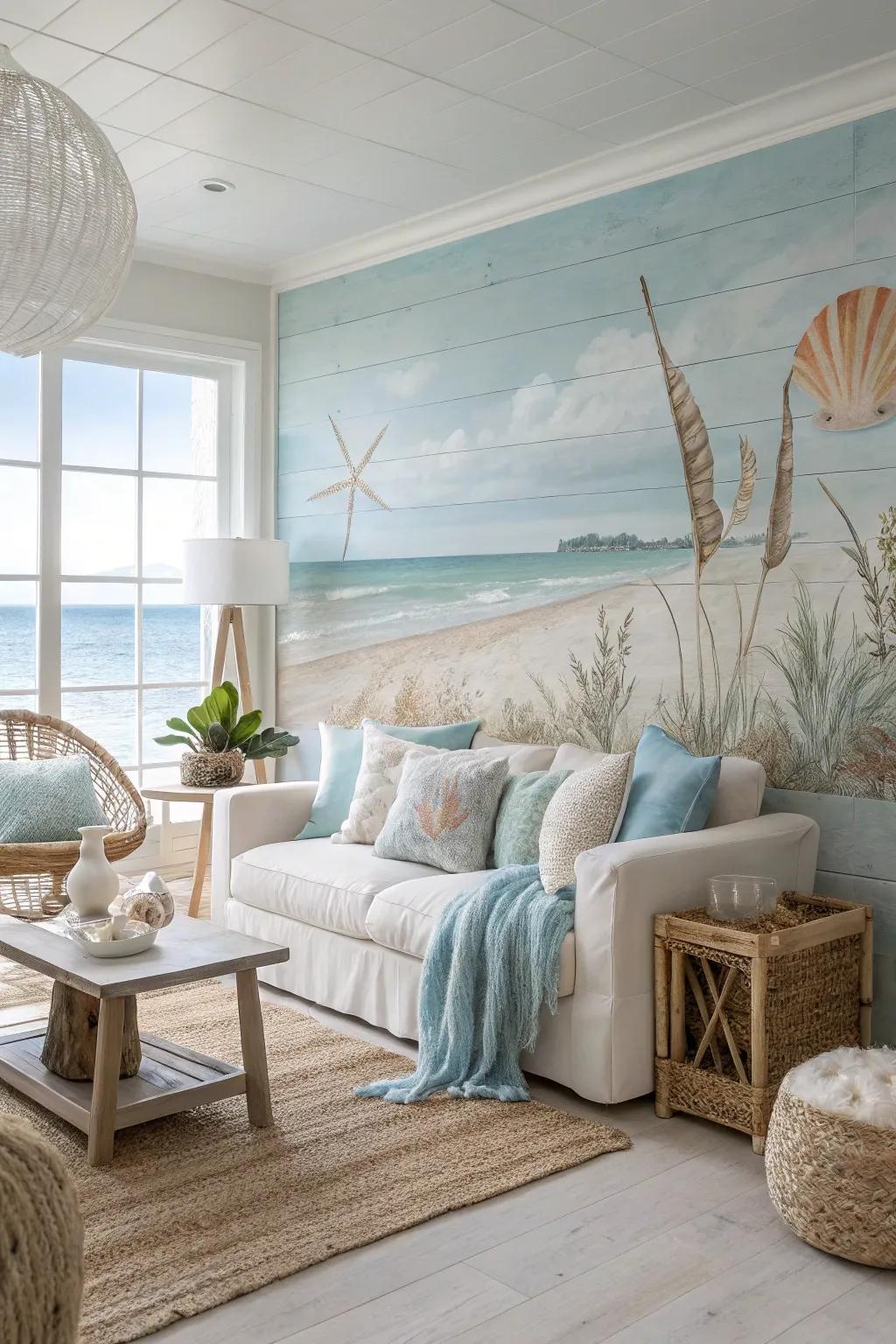 Evoke calmness with beach vibe murals.