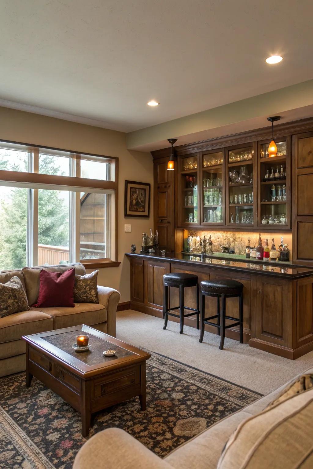 A living space upgraded with a chic family bar.