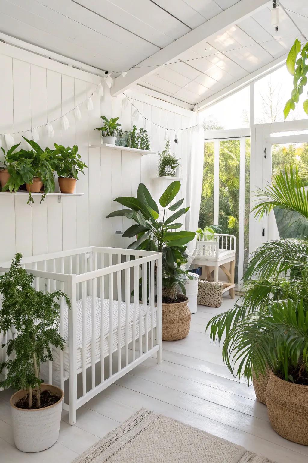 Natural aspects bring life to a serene white nursery.