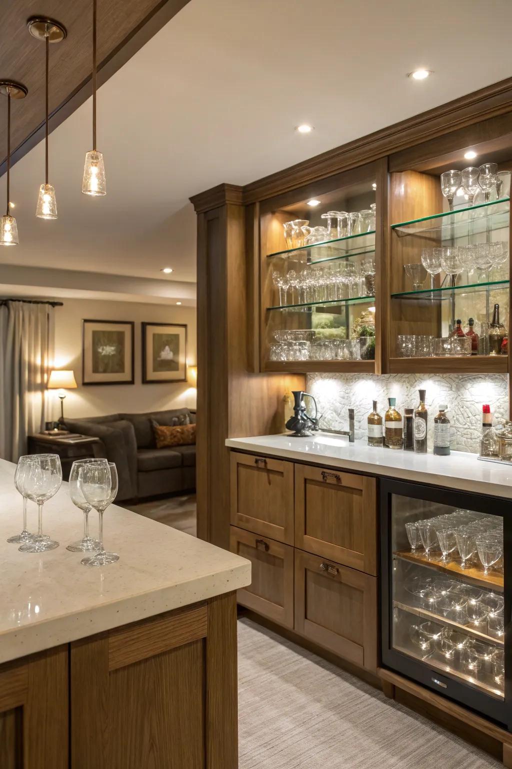 In this chic bar, glassware serves as elegant decor.