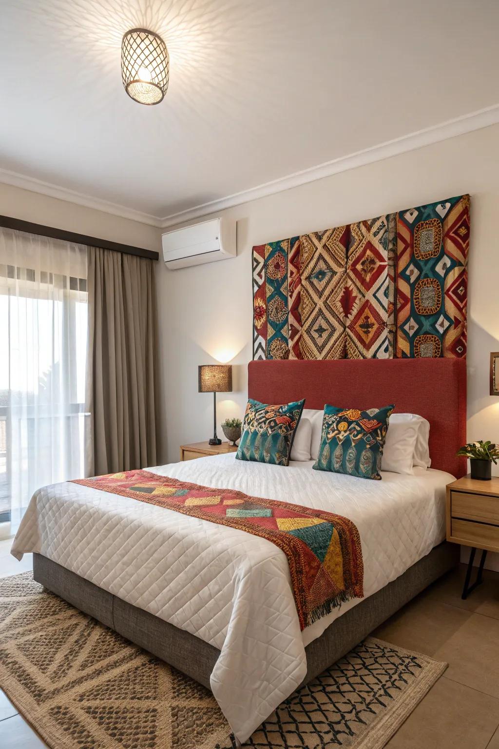 An apartment bedroom featuring a striking headboard as a focal point.
