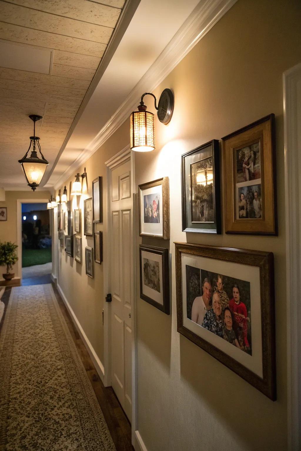A hallway featuring display lights showcasing family photos.